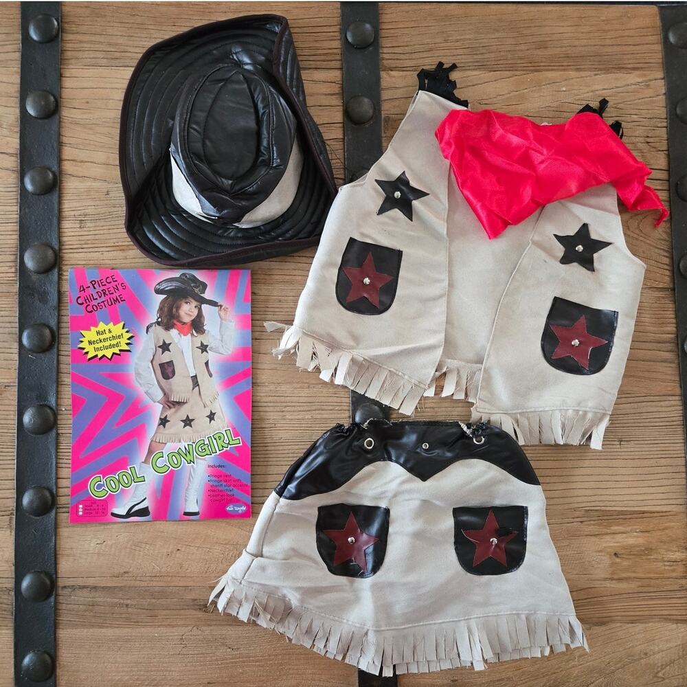 Fun World Cool Cowgirl Costume Set Girls Fringed Vest Skirt Hat Bandana M 8-10